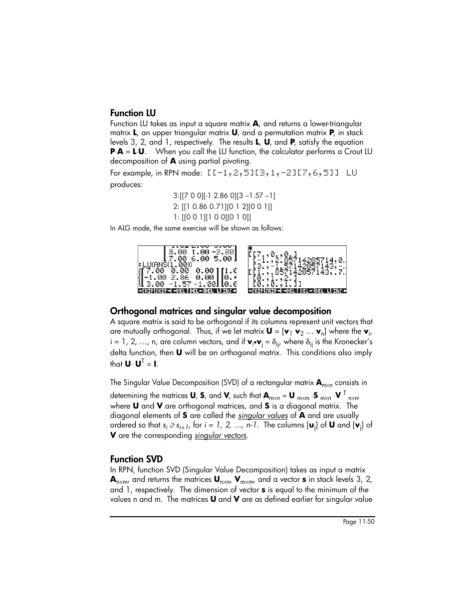 Function lu, Function svd | HP 50g Graphing Calculator User Manual | Page 377 / 887
