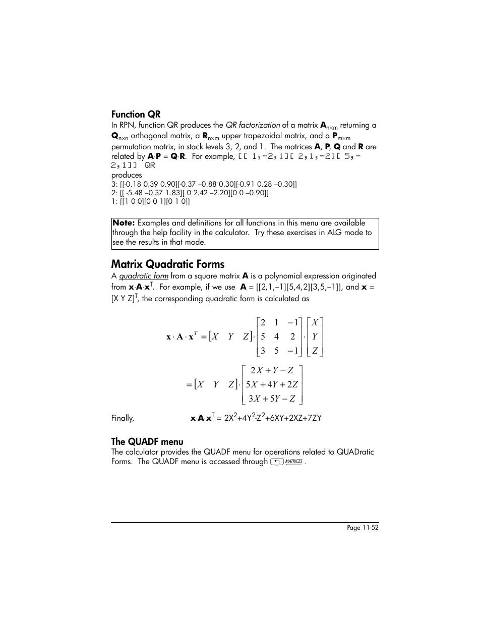 Function qr, Matrix quadratic forms, The quadf menu | Function qr ,11-52, Matrix quadratic forms ,11-52, The quadf menu ,11-52 | HP 50g Graphing Calculator User Manual | Page 379 / 887