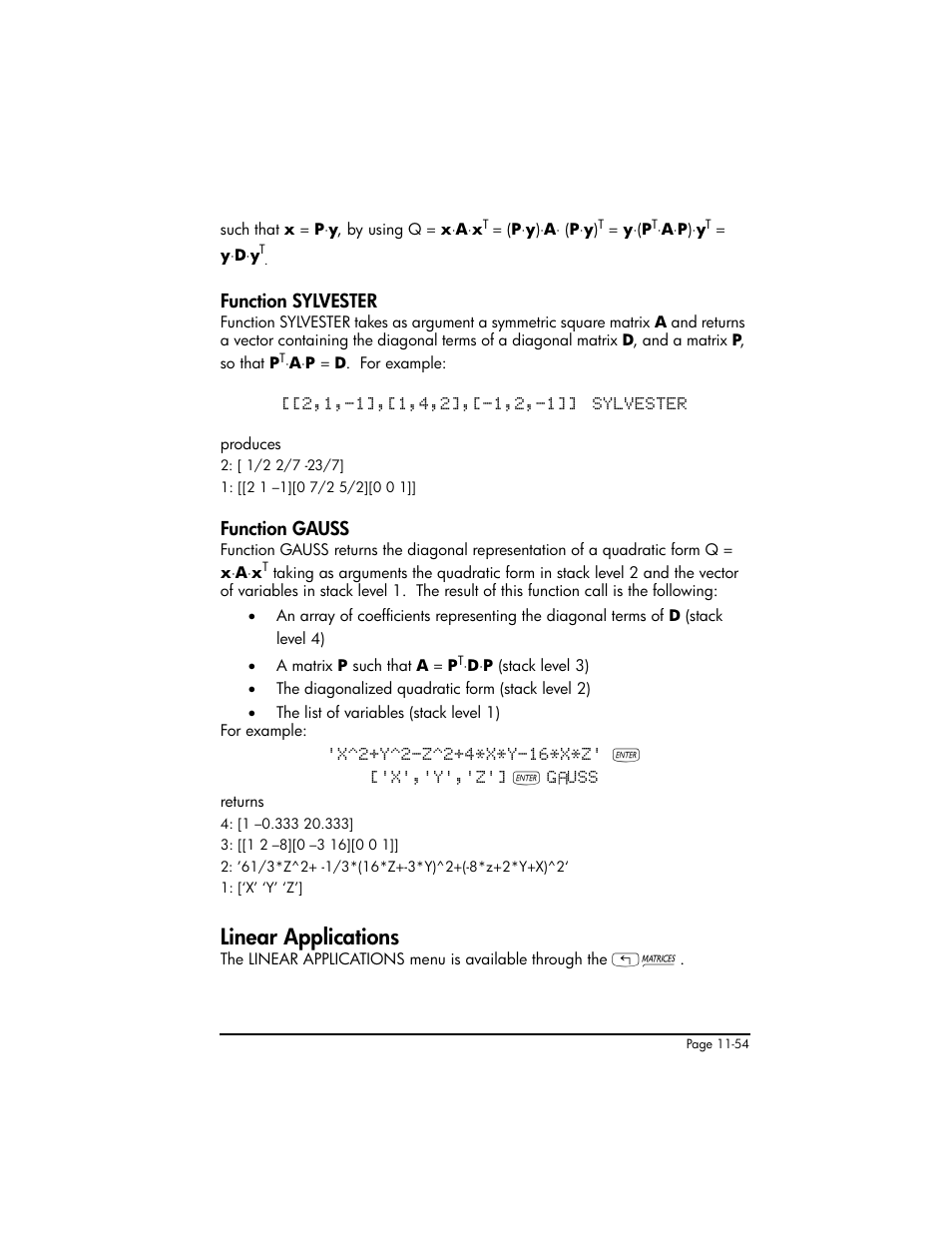 Function sylvester, Function gauss, Linear applications | Function sylvester ,11-54 function gauss ,11-54, Linear applications ,11-54 | HP 50g Graphing Calculator User Manual | Page 381 / 887