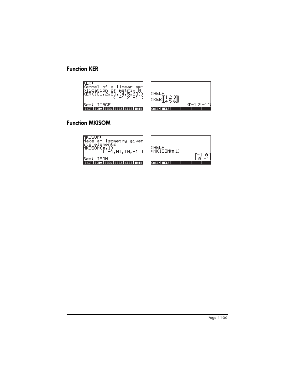 Function ker, Function mkisom, Function ker ,11-56 function mkisom ,11-56 | HP 50g Graphing Calculator User Manual | Page 383 / 887