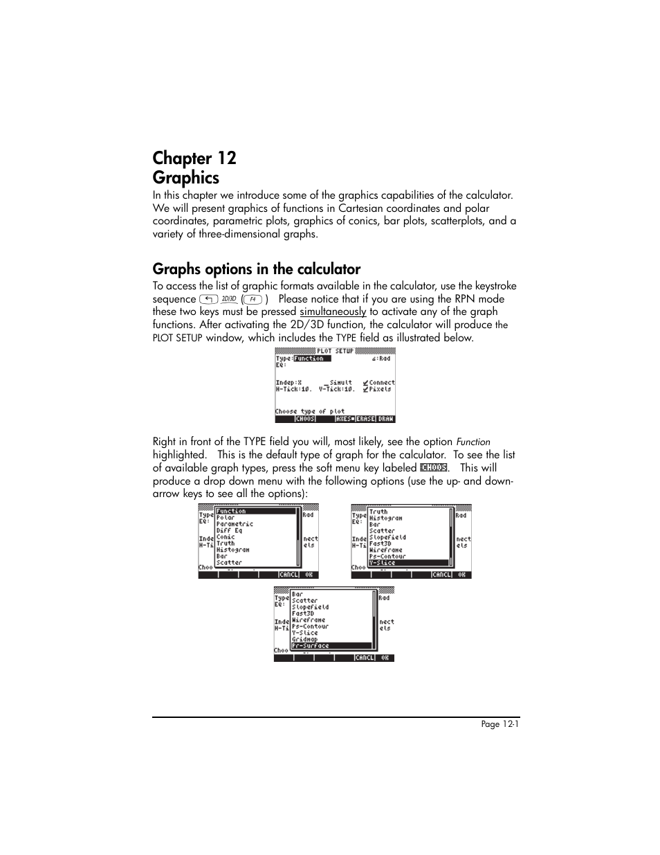 Chapter 12 graphics, Graphs options in the calculator, Chapter 12 - graphics ,12-1 | Graphs options in the calculator ,12-1 | HP 50g Graphing Calculator User Manual | Page 384 / 887