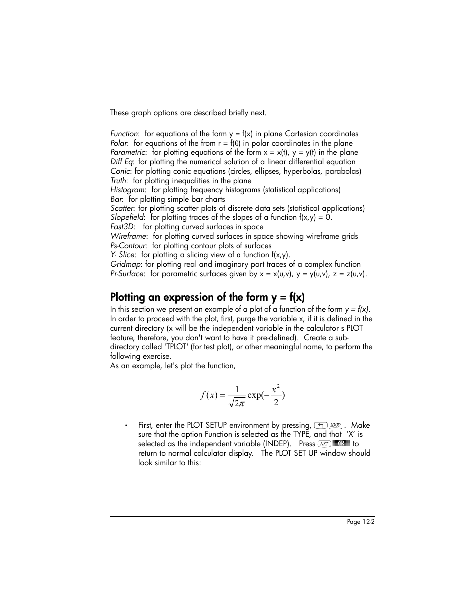 Plotting an expression of the form y = f(x), Plotting an expression of the form y = f(x) ,12-2 | HP 50g Graphing Calculator User Manual | Page 385 / 887