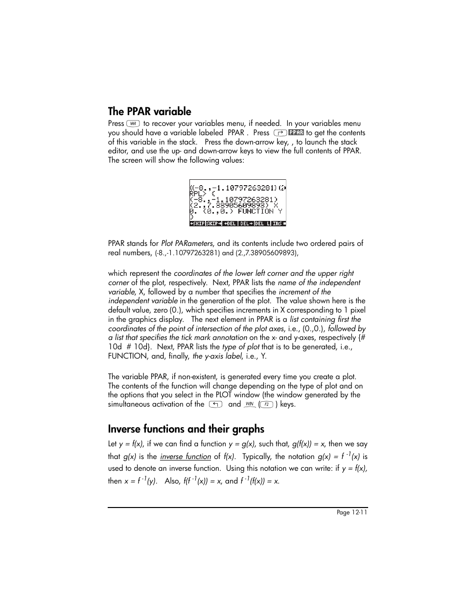 The ppar variable, Inverse functions and their graphs | HP 50g Graphing Calculator User Manual | Page 394 / 887
