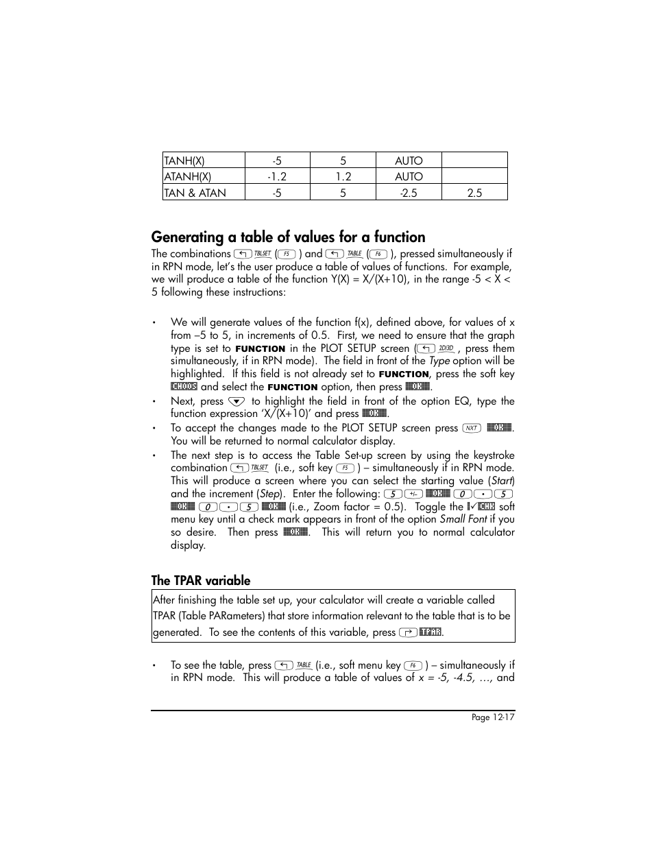 Generating a table of values for a function, The tpar variable, Generating a table of values for a function ,12-17 | The tpar variable ,12-17 | HP 50g Graphing Calculator User Manual | Page 400 / 887