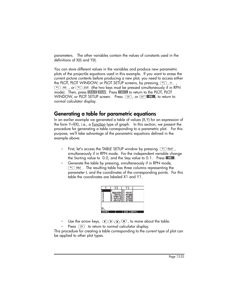 Generating a table for parametric equations, Generating a table for parametric equations ,12-25 | HP 50g Graphing Calculator User Manual | Page 408 / 887