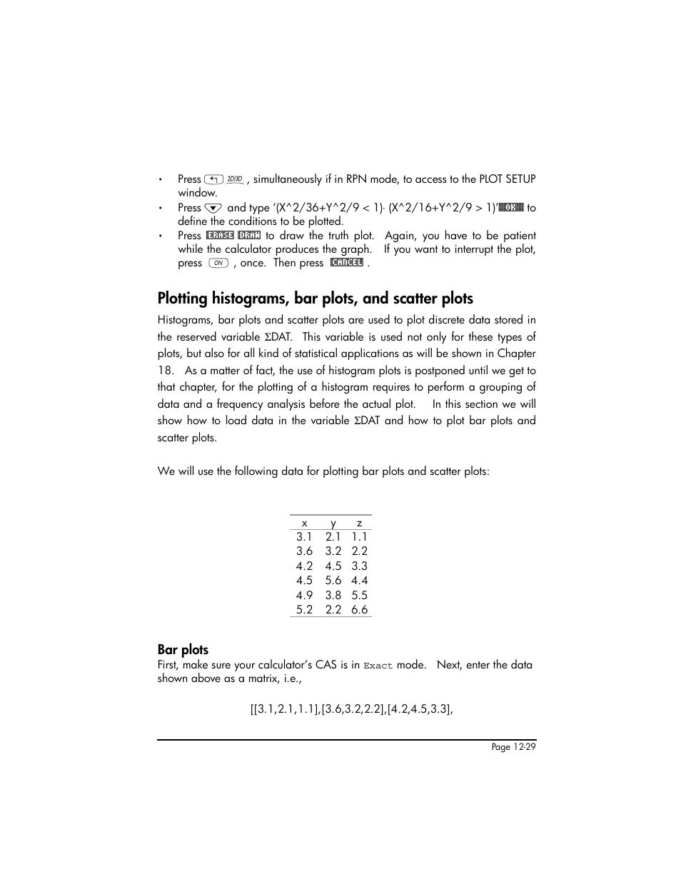 Plotting histograms, bar plots, and scatter plots, Bar plots, Bar plots ,12-29 | HP 50g Graphing Calculator User Manual | Page 412 / 887