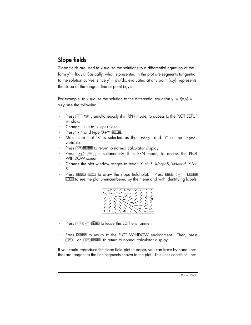 Slope fields, Slope fields ,12-33 | HP 50g Graphing Calculator User Manual | Page 416 / 887