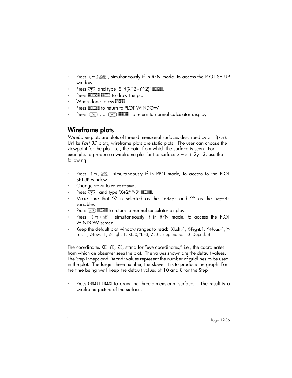 Wireframe plots, Wireframe plots ,12-36 | HP 50g Graphing Calculator User Manual | Page 419 / 887