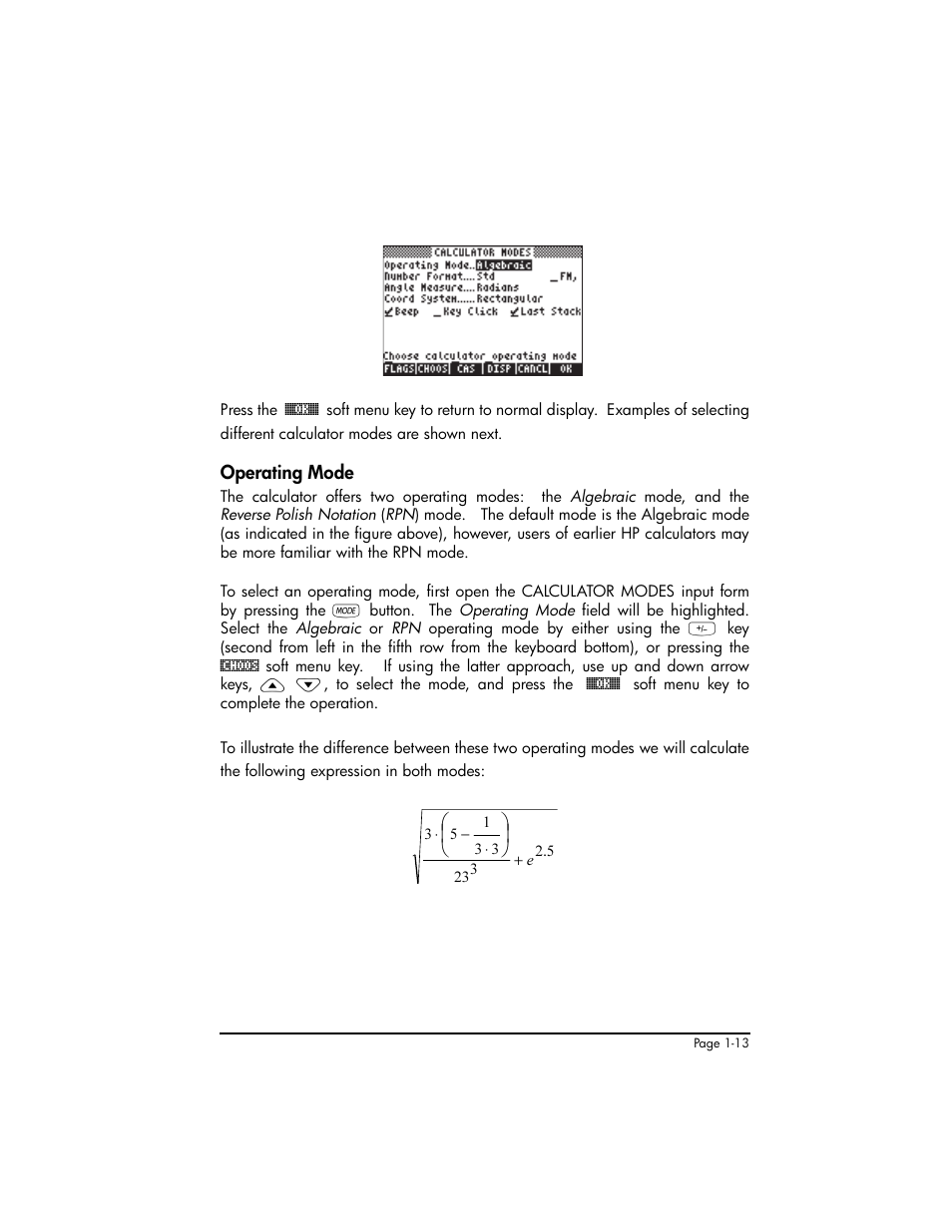 Operating mode, Operating mode ,1-13 | HP 50g Graphing Calculator User Manual | Page 42 / 887