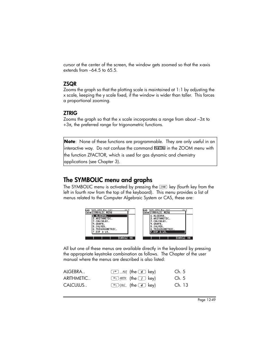 Zsqr, Ztrig, The symbolic menu and graphs | Zsqr ,12-49 ztrig ,12-49, The symbolic menu and graphs ,12-49 | HP 50g Graphing Calculator User Manual | Page 432 / 887