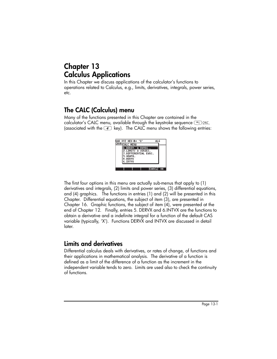 Chapter 13 calculus applications, The calc (calculus) menu, Limits and derivatives | Chapter 13 - calculus applications ,13-1 | HP 50g Graphing Calculator User Manual | Page 436 / 887