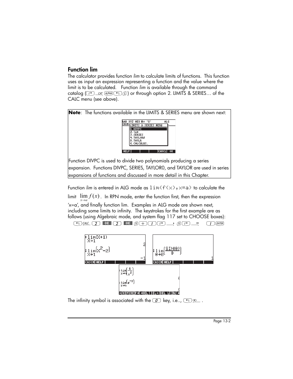 Function lim, Function lim ,13-2 | HP 50g Graphing Calculator User Manual | Page 437 / 887