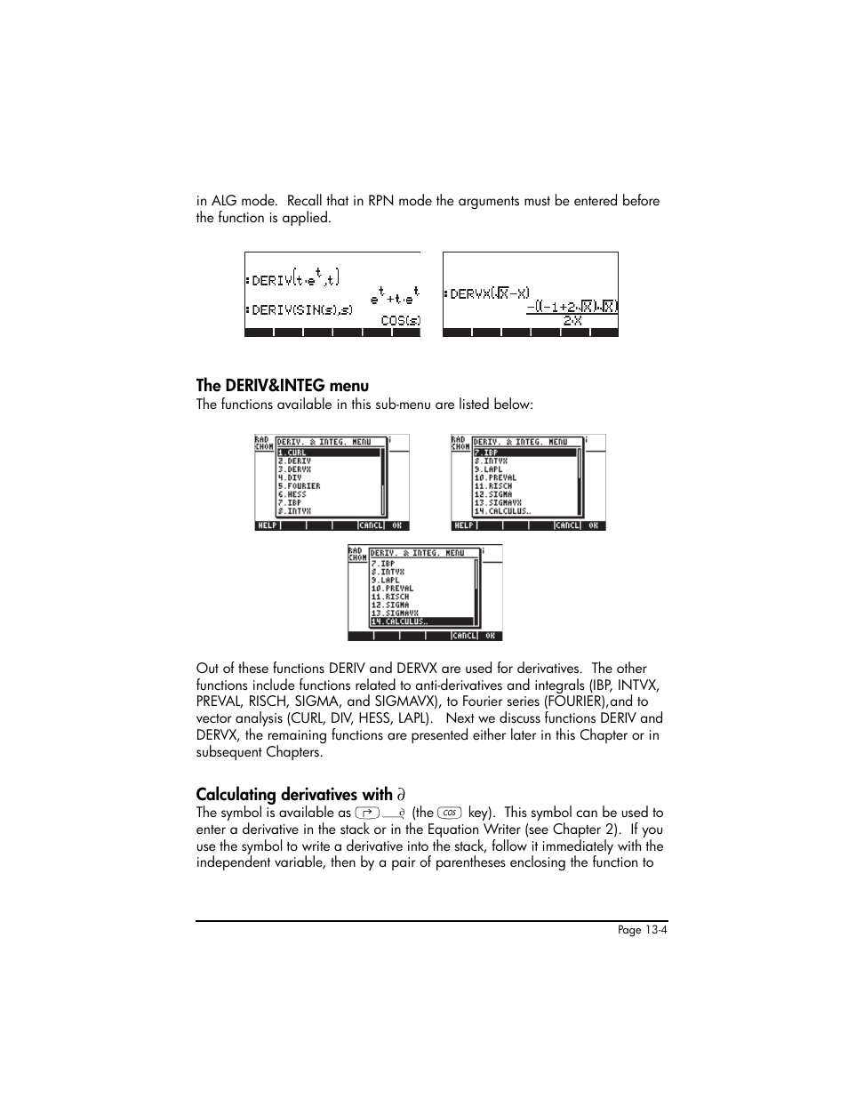 The deriv&integ menu, Calculating derivatives with | HP 50g Graphing Calculator User Manual | Page 439 / 887