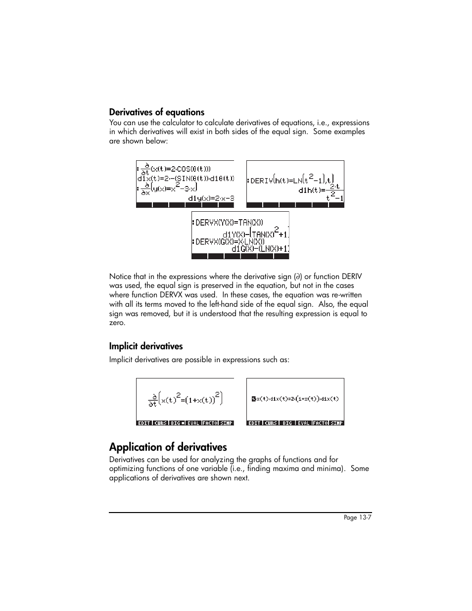 Derivatives of equations, Implicit derivatives, Application of derivatives | Application of derivatives ,13-7 | HP 50g Graphing Calculator User Manual | Page 442 / 887