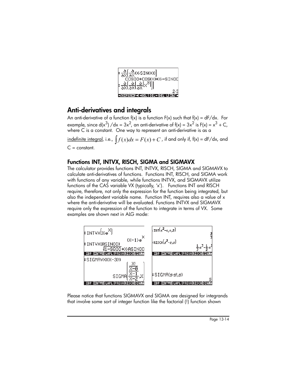 Anti-derivatives and integrals, Functions int, intvx, risch, sigma and sigmavx, Anti-derivatives and integrals ,13-14 | HP 50g Graphing Calculator User Manual | Page 449 / 887