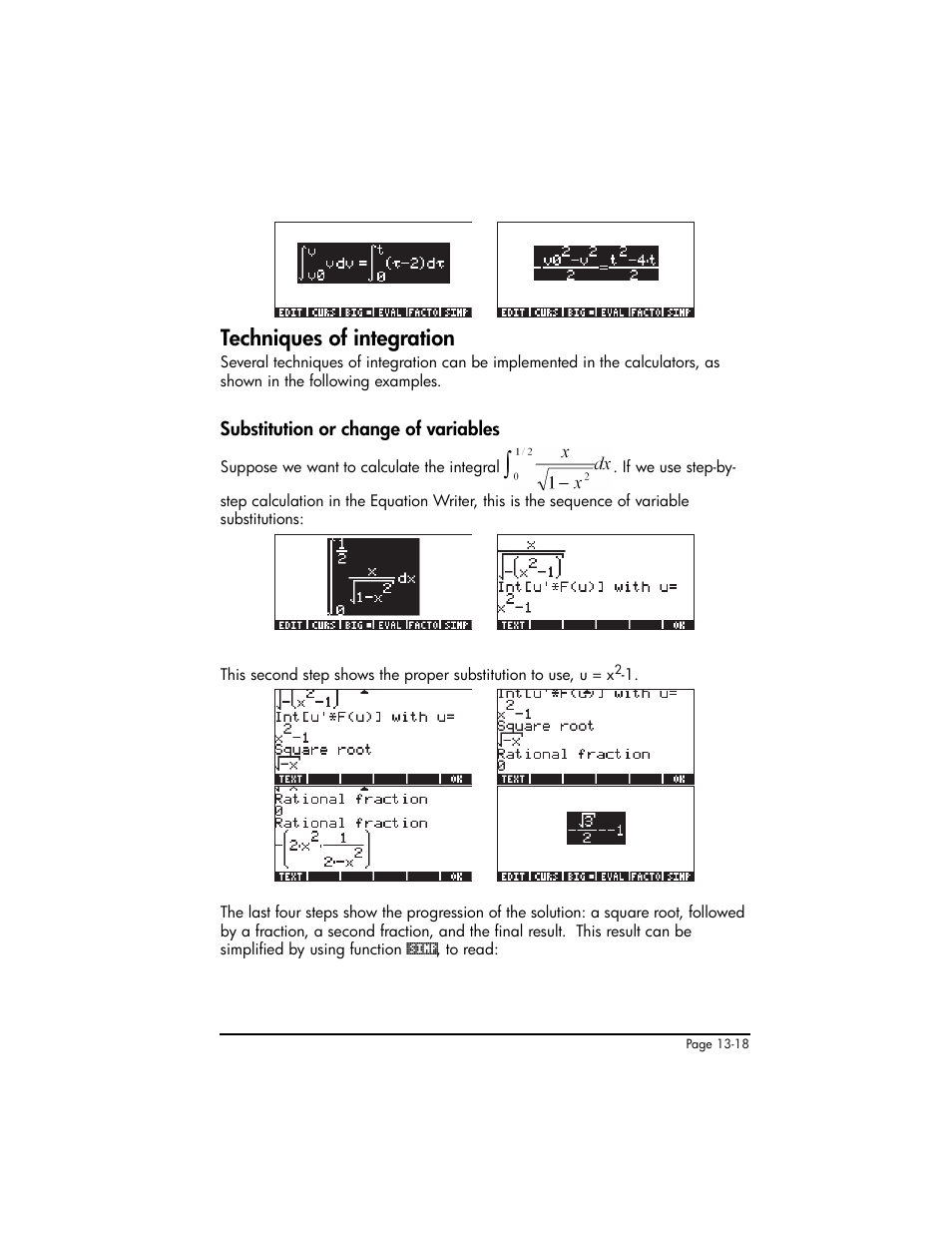 Techniques of integration, Substitution or change of variables, Techniques of integration ,13-18 | Substitution or change of variables ,13-18 | HP 50g Graphing Calculator User Manual | Page 453 / 887