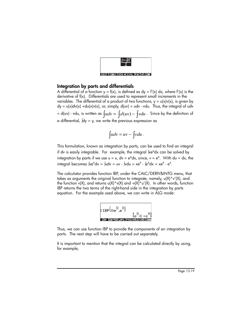 Integration by parts and differentials, Integration by parts and differentials ,13-19 | HP 50g Graphing Calculator User Manual | Page 454 / 887