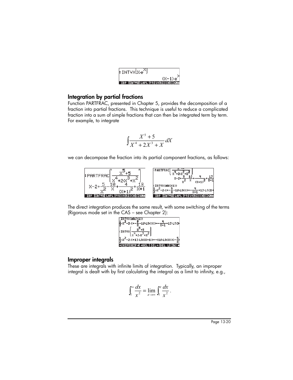 Integration by partial fractions, Improper integrals | HP 50g Graphing Calculator User Manual | Page 455 / 887