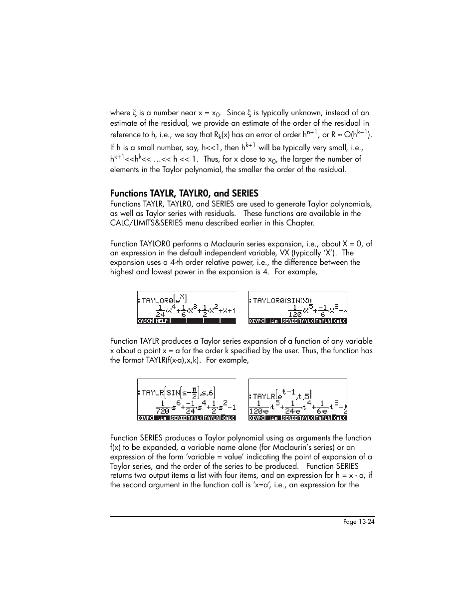Functions taylr, taylr0, and series, Functions taylr, taylr0, and series ,13-24 | HP 50g Graphing Calculator User Manual | Page 459 / 887