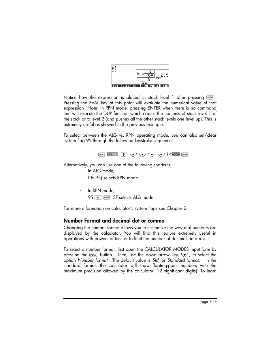 Number format and decimal dot or comma, Number format and decimal dot or comma ,1-17 | HP 50g Graphing Calculator User Manual | Page 46 / 887