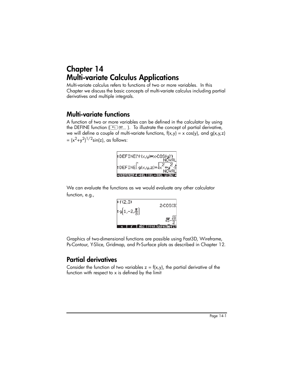 Chapter 14 multi-variate calculus applications, Multi-variate functions, Partial derivatives | HP 50g Graphing Calculator User Manual | Page 461 / 887