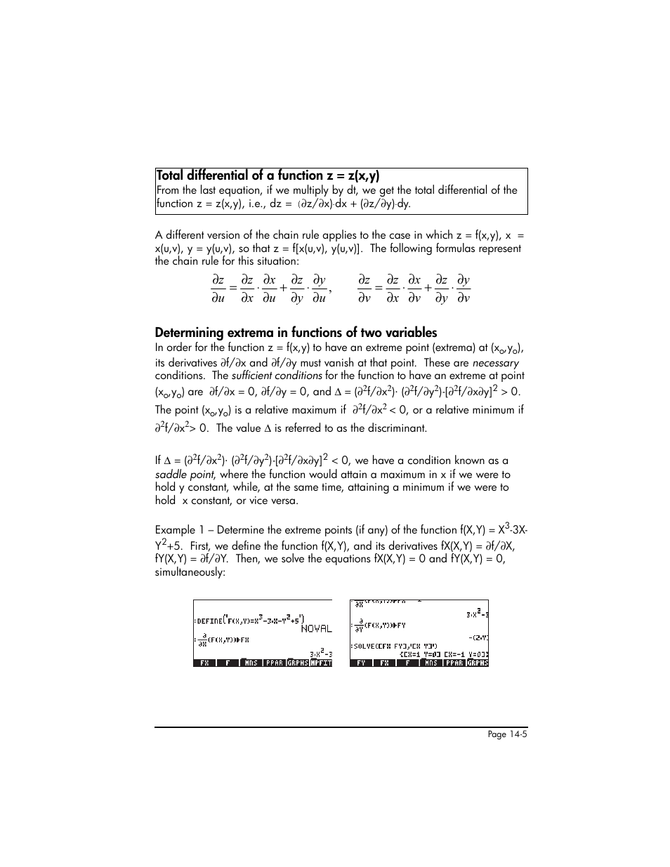 Total differential of a function z = z(x,y), Determining extrema in functions of two variables | HP 50g Graphing Calculator User Manual | Page 465 / 887