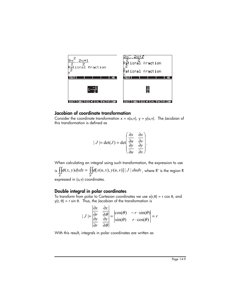 Jacobian of coordinate transformation, Double integral in polar coordinates | HP 50g Graphing Calculator User Manual | Page 469 / 887