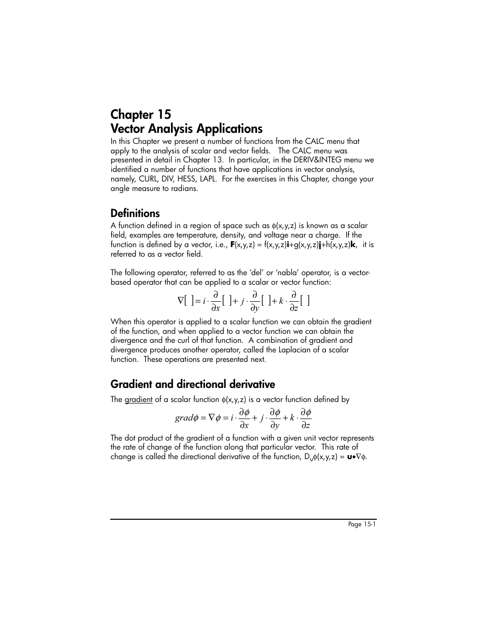 Chapter 15 vector analysis applications, Definitions, Gradient and directional derivative | Chapter 15 - vector analysis applications ,15-1 | HP 50g Graphing Calculator User Manual | Page 471 / 887