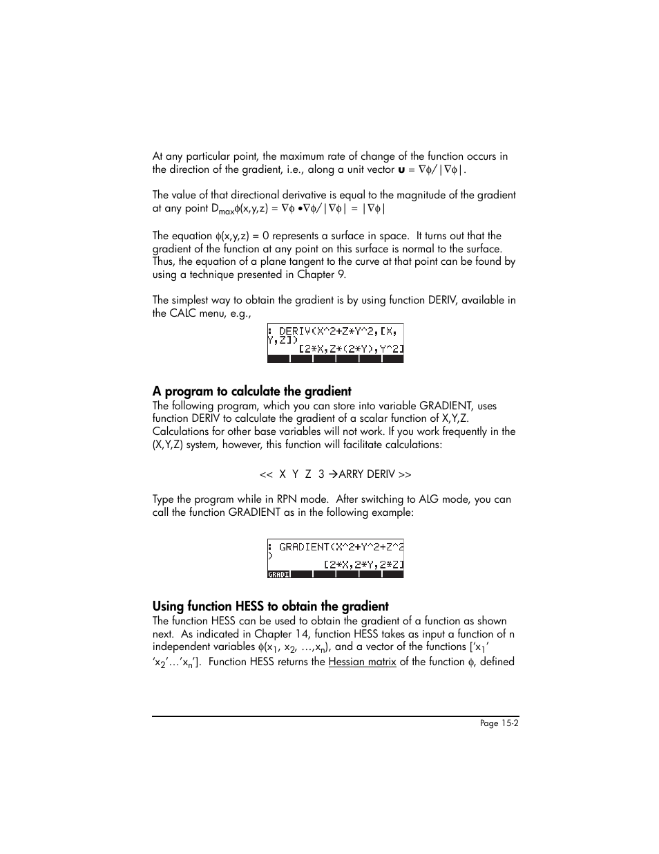 A program to calculate the gradient, Using function hess to obtain the gradient | HP 50g Graphing Calculator User Manual | Page 472 / 887