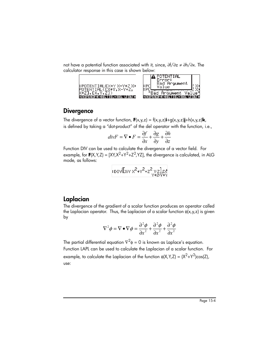 Divergence, Laplacian, Divergence ,15-4 laplacian ,15-4 | HP 50g Graphing Calculator User Manual | Page 474 / 887