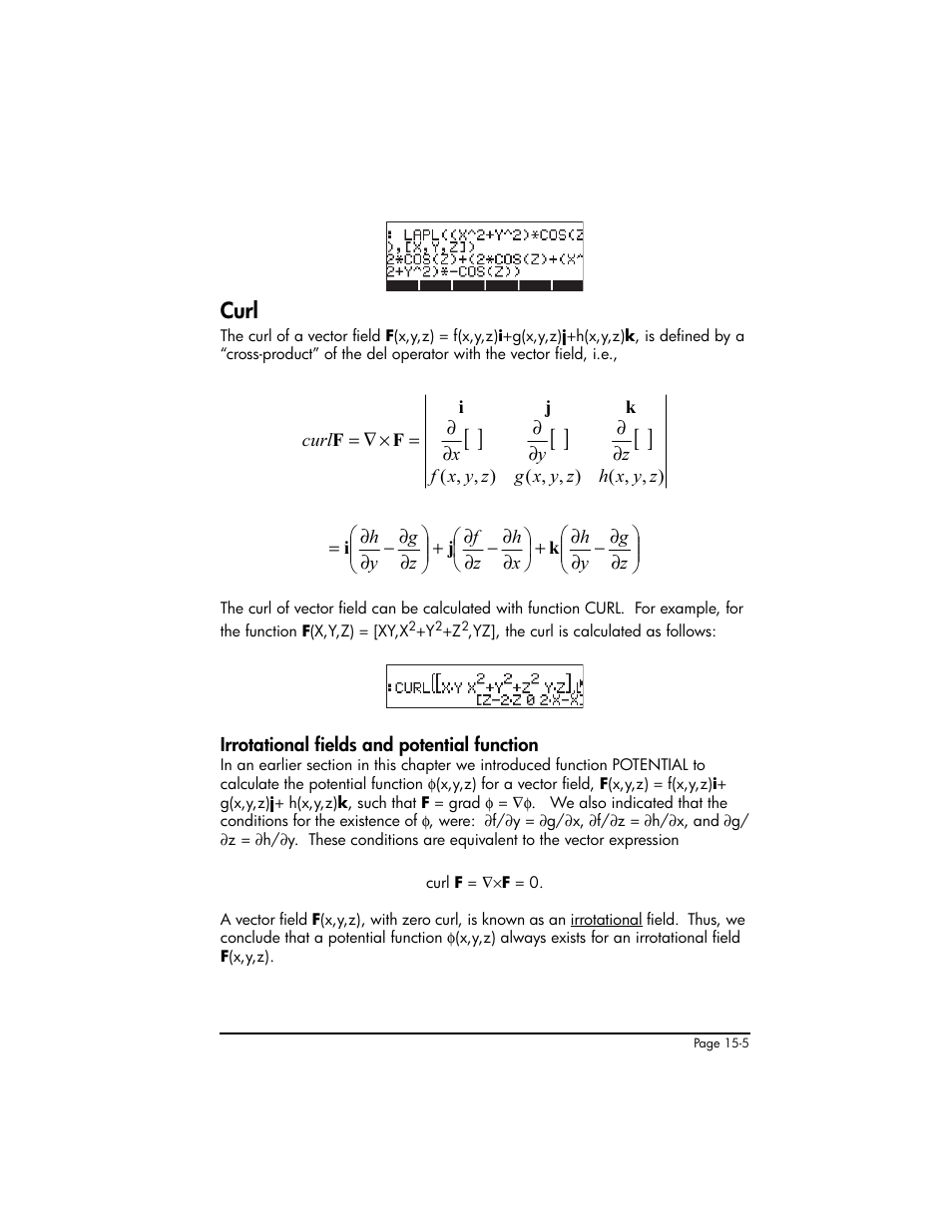 Curl, Irrotational fields and potential function, Curl ,15-5 | Irrotational fields and potential function ,15-5 | HP 50g Graphing Calculator User Manual | Page 475 / 887