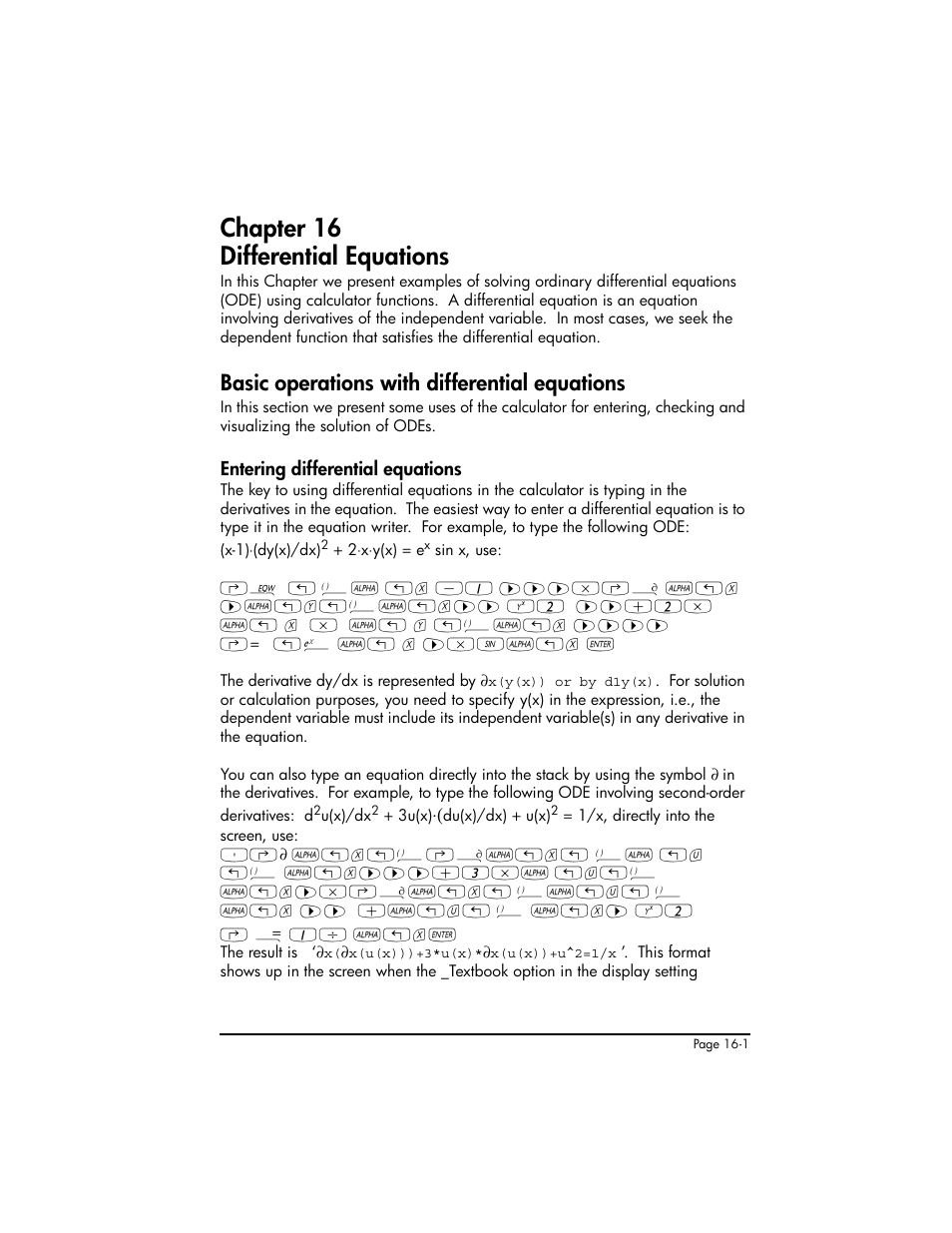 Chapter 16 differential equations, Basic operations with differential equations, Entering differential equations | Chapter 16 - differential equations ,16-1, Basic operations with differential equations ,16-1, Entering differential equations ,16-1 | HP 50g Graphing Calculator User Manual | Page 478 / 887