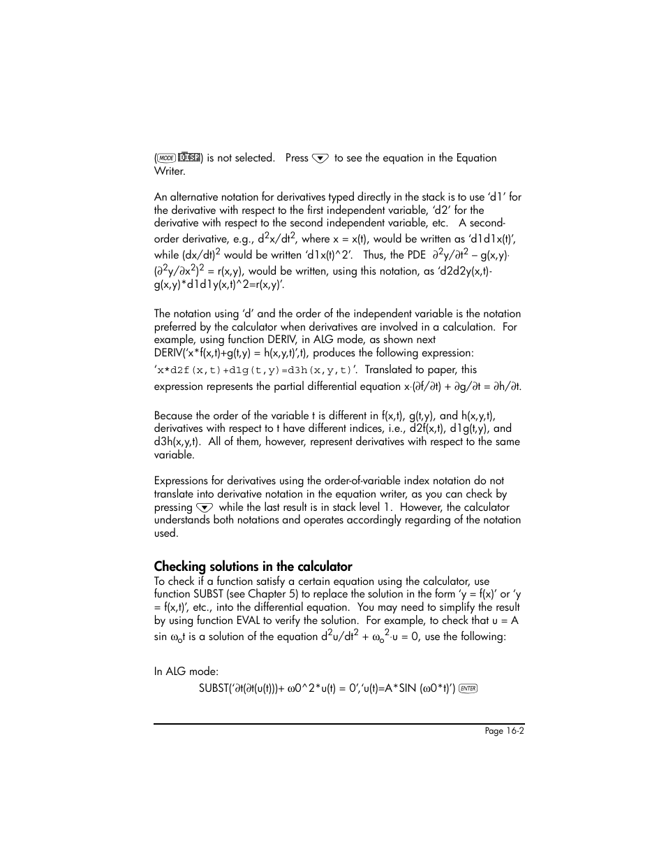 Checking solutions in the calculator, Checking solutions in the calculator ,16-2 | HP 50g Graphing Calculator User Manual | Page 479 / 887