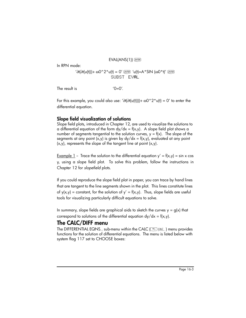 Slope field visualization of solutions, The calc/diff menu, Slope field visualization of solutions ,16-3 | The calc/diff menu ,16-3 | HP 50g Graphing Calculator User Manual | Page 480 / 887
