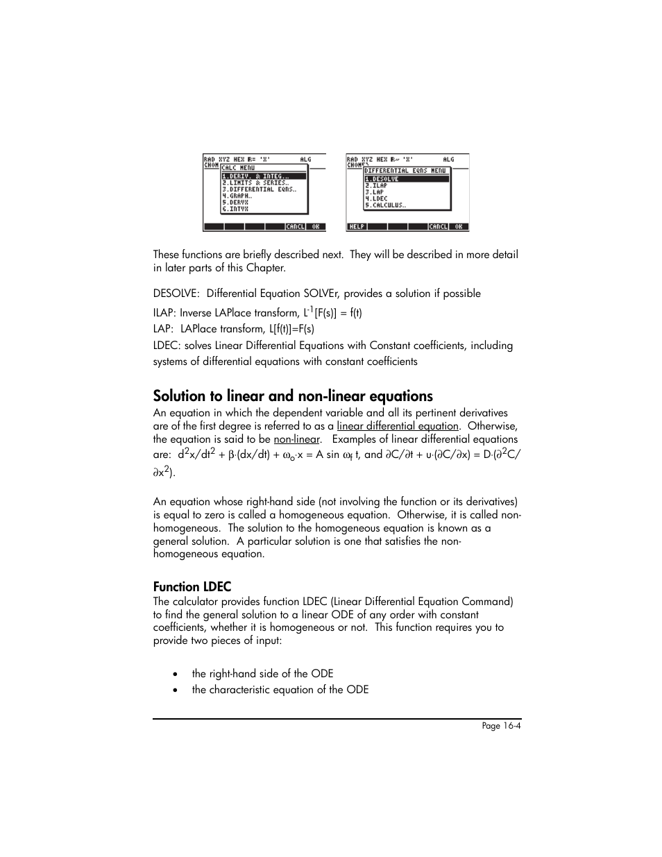 Solution to linear and non-linear equations, Function ldec, Solution to linear and non-linear equations ,16-4 | Function ldec ,16-4 | HP 50g Graphing Calculator User Manual | Page 481 / 887