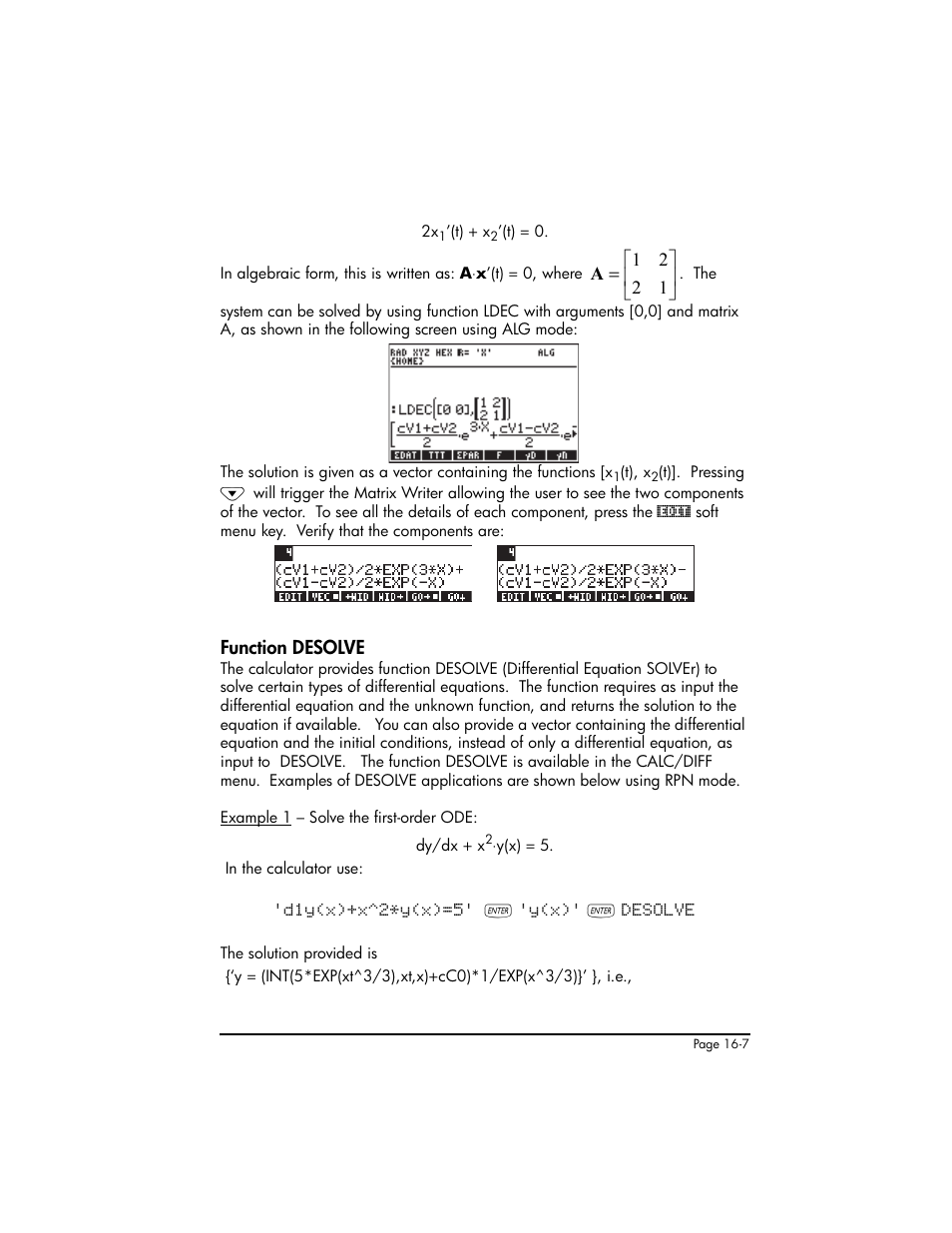 Function desolve, Function desolve ,16-7 | HP 50g Graphing Calculator User Manual | Page 484 / 887