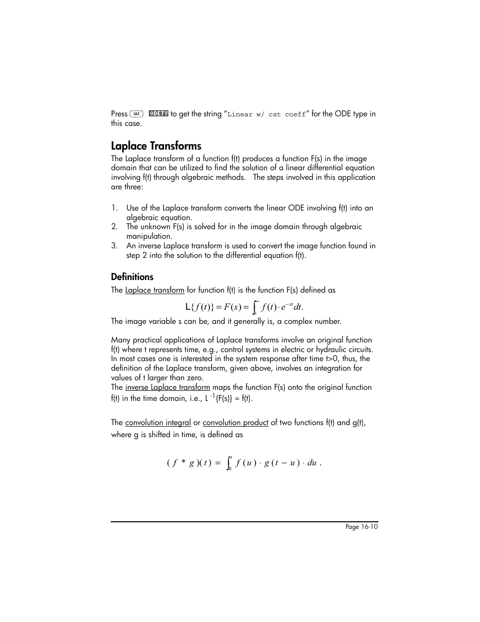 Laplace transforms, Definitions, Laplace transforms ,16-10 | Definitions ,16-10 | HP 50g Graphing Calculator User Manual | Page 487 / 887