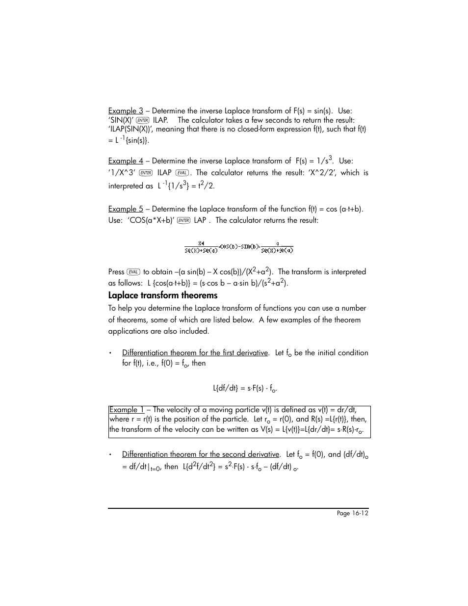 Laplace transform theorems, Laplace transform theorems ,16-12 | HP 50g Graphing Calculator User Manual | Page 489 / 887