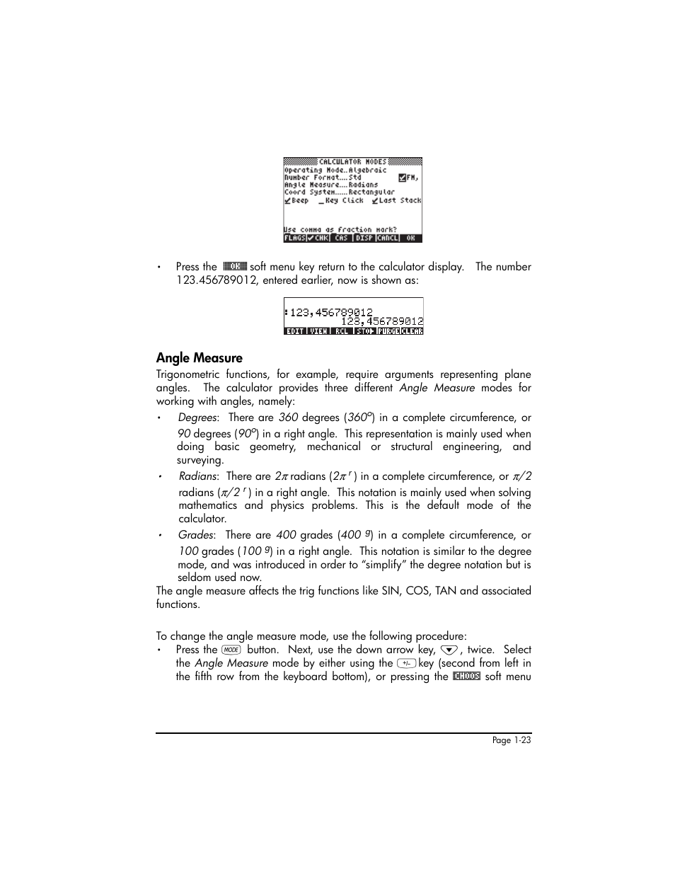 Angle measure, Angle measure ,1-23 | HP 50g Graphing Calculator User Manual | Page 52 / 887