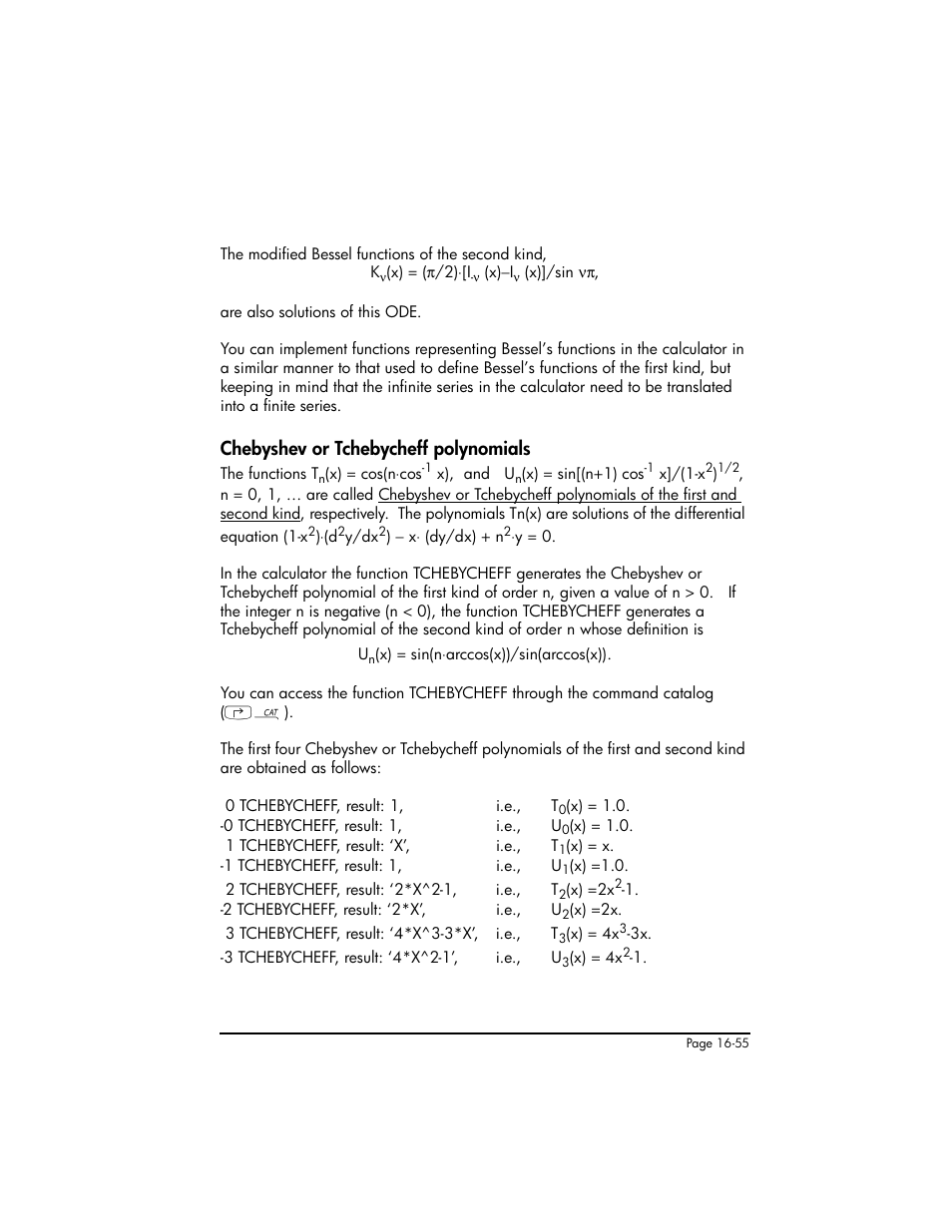 Chebyshev or tchebycheff polynomials, Chebyshev or tchebycheff polynomials ,16-55 | HP 50g Graphing Calculator User Manual | Page 532 / 887