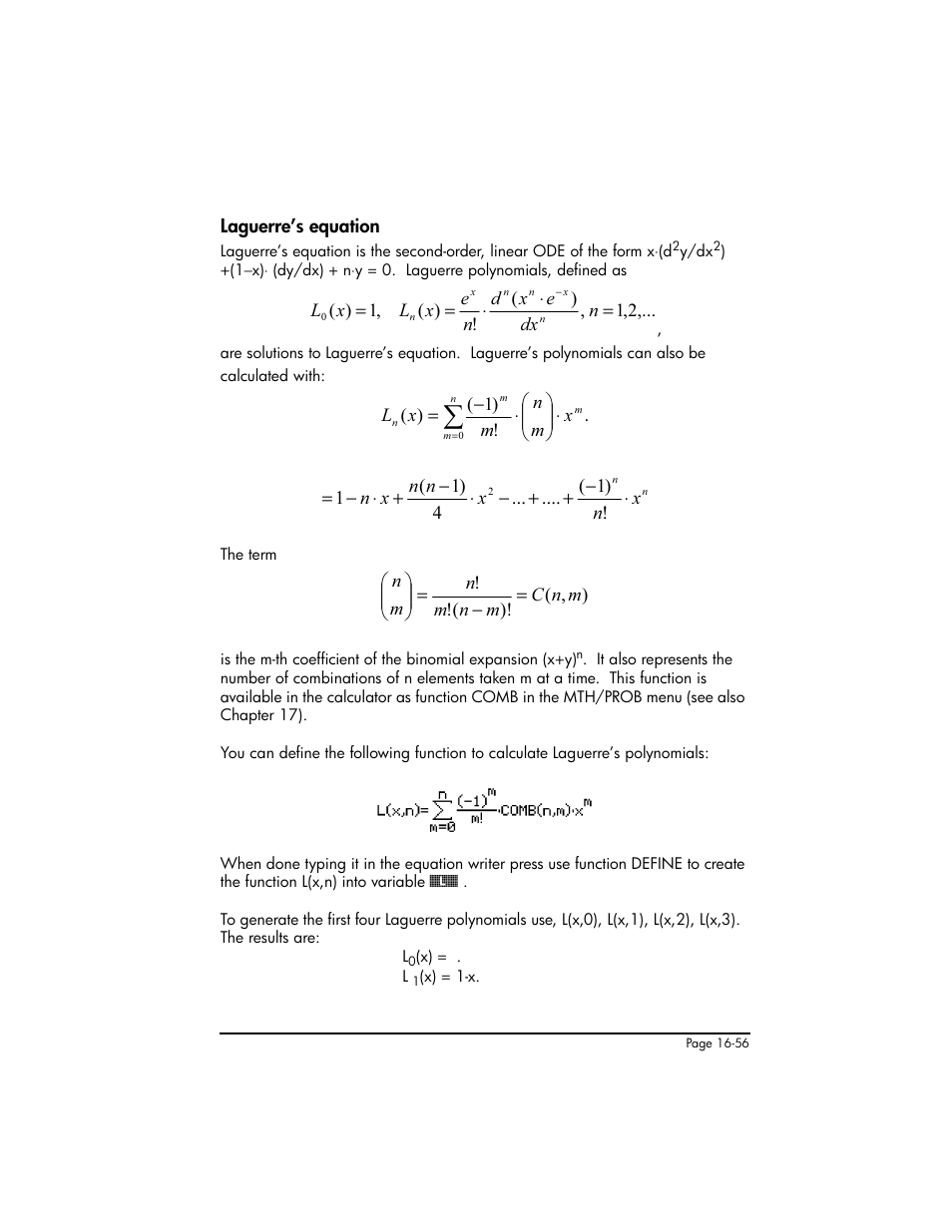 Laguerre’s equation, Laguerre’s equation ,16-56 | HP 50g Graphing Calculator User Manual | Page 533 / 887