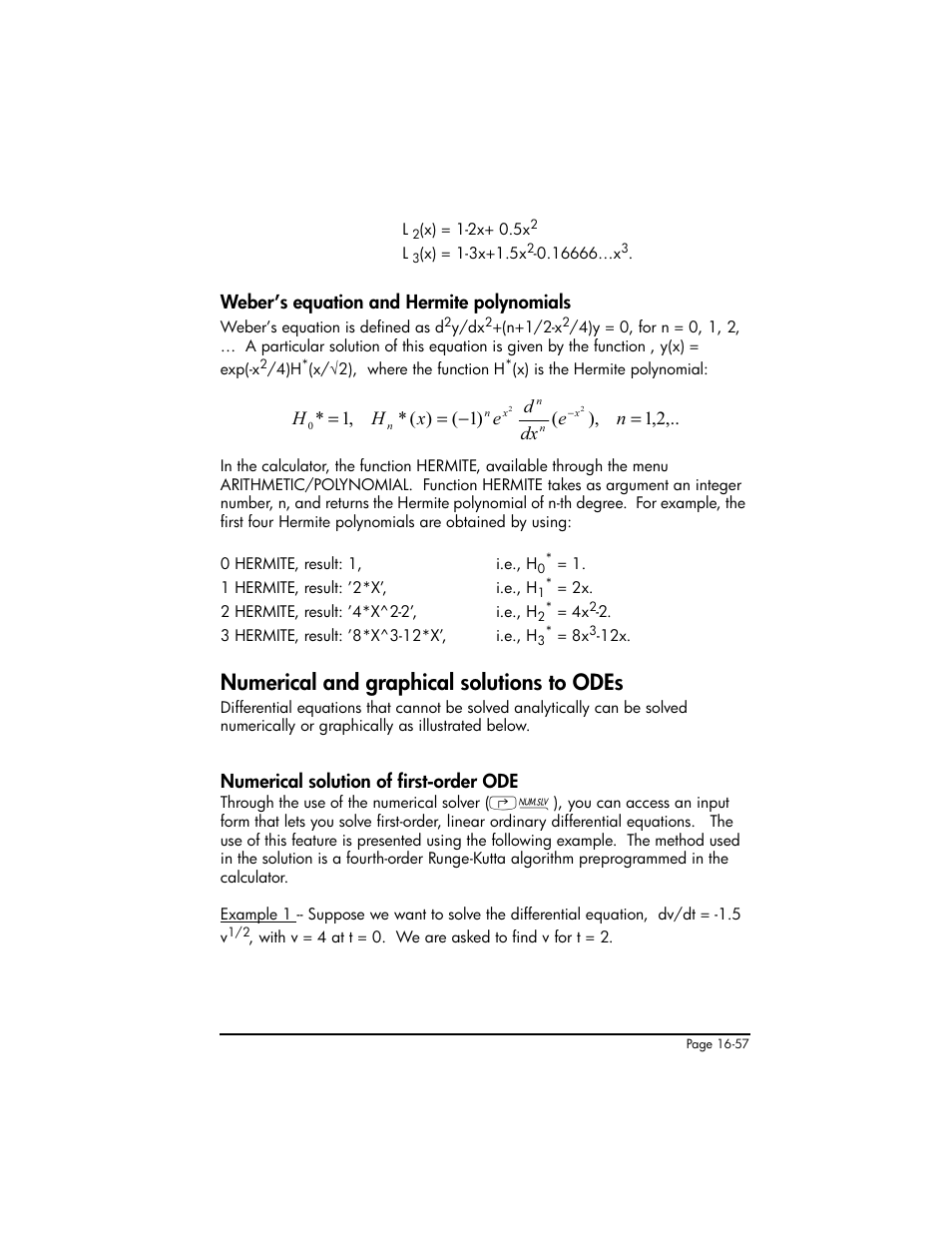 Weber’s equation and hermite polynomials, Numerical and graphical solutions to odes, Numerical solution of first-order ode | Weber’s equation and hermite polynomials ,16-57, Numerical and graphical solutions to odes ,16-57, Numerical solution of first-order ode ,16-57 | HP 50g Graphing Calculator User Manual | Page 534 / 887