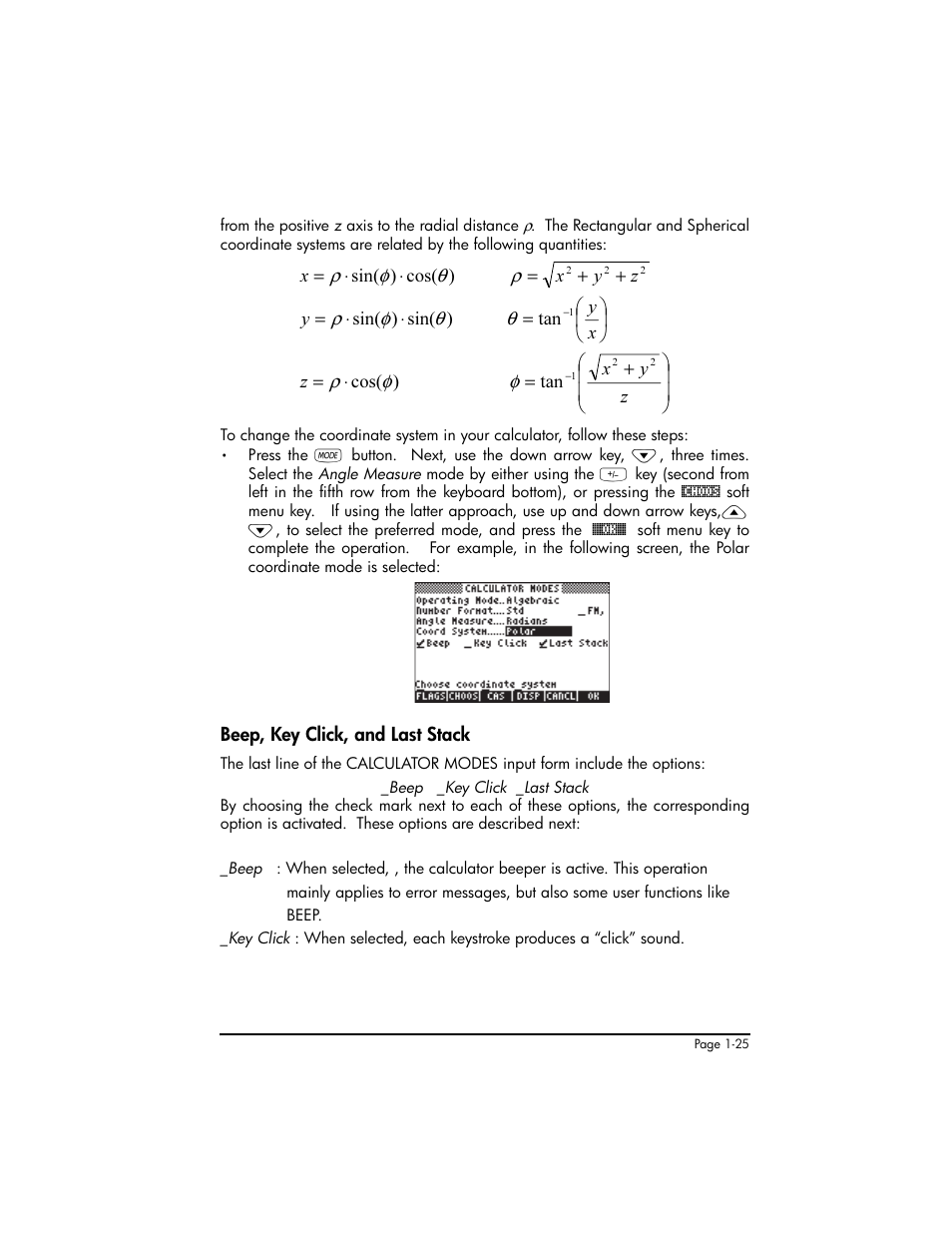Beep, key click, and last stack, Beep, key click, and last stack ,1-25 | HP 50g Graphing Calculator User Manual | Page 54 / 887