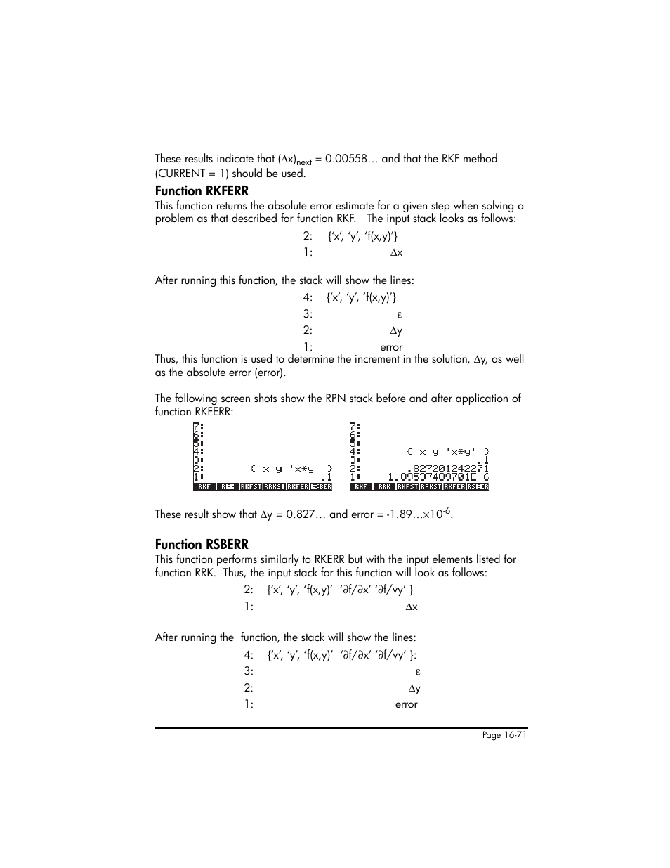 Function rkferr, Function rsberr, Function rkferr ,16-71 function rsberr ,16-71 | HP 50g Graphing Calculator User Manual | Page 548 / 887