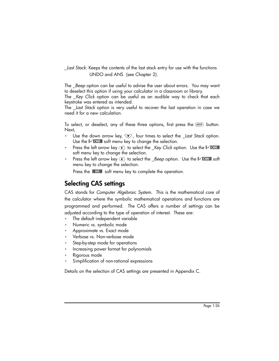 Selecting cas settings, Selecting cas settings ,1-26 | HP 50g Graphing Calculator User Manual | Page 55 / 887