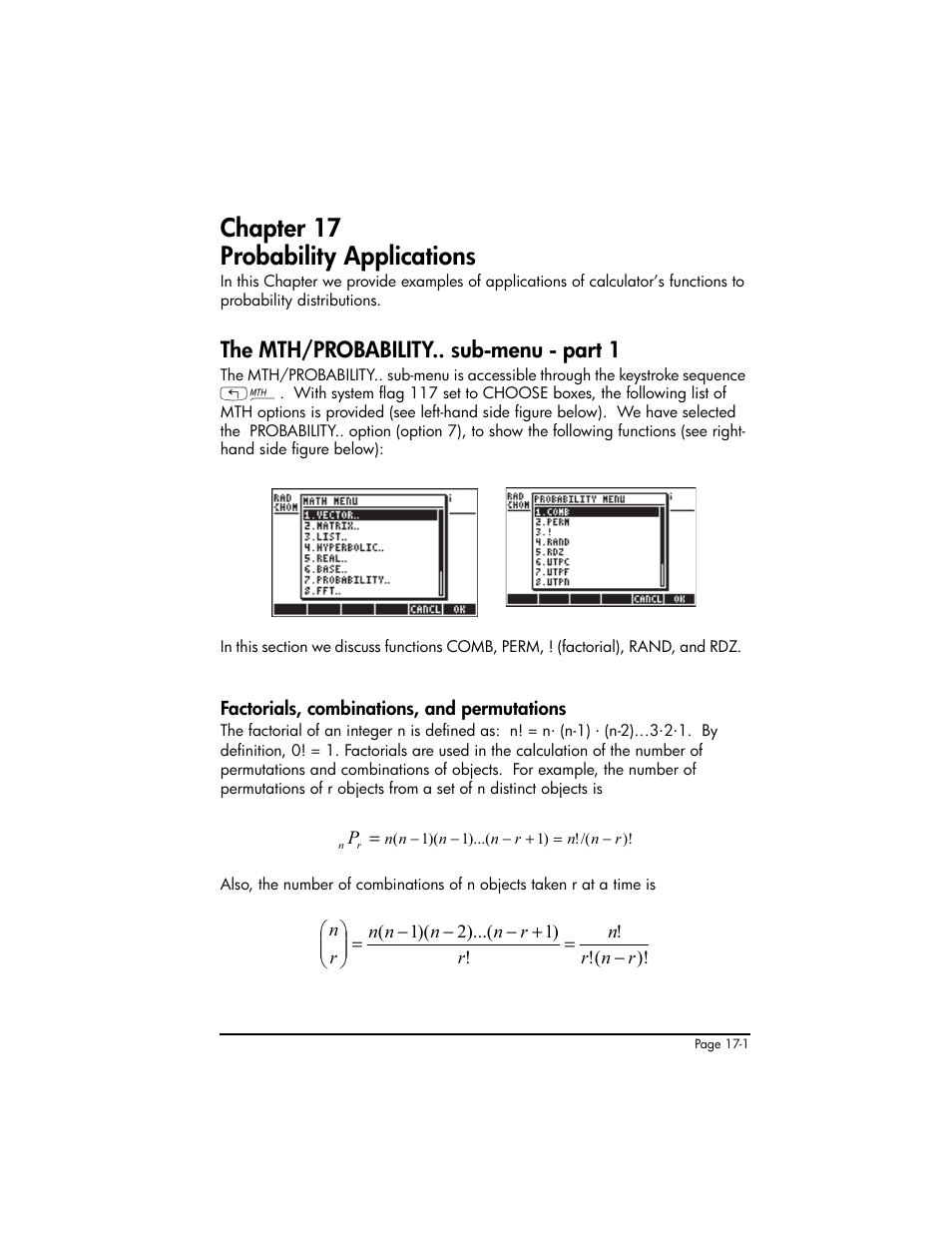 Chapter 17 probability applications, The mth/probability.. sub-menu - part 1, Factorials, combinations, and permutations | Chapter 17 - probability applications ,17-1, The mth/probability.. sub-menu - part 1 ,17-1, Factorials, combinations, and permutations ,17-1 | HP 50g Graphing Calculator User Manual | Page 550 / 887