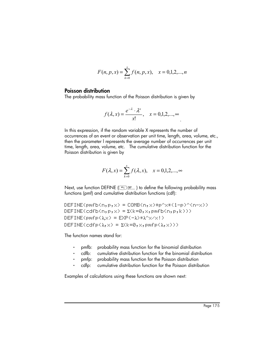 Poisson distribution, Poisson distribution ,17-5 | HP 50g Graphing Calculator User Manual | Page 554 / 887