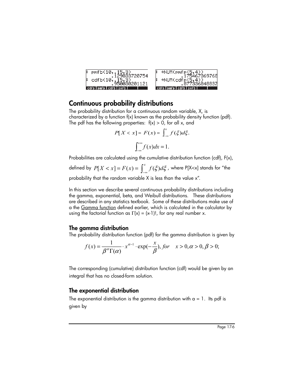 Continuous probability distributions, The gamma distribution, The exponential distribution | Continuous probability distributions ,17-6 | HP 50g Graphing Calculator User Manual | Page 555 / 887
