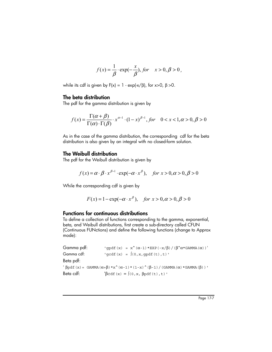 The beta distribution, The weibull distribution, Functions for continuous distributions | HP 50g Graphing Calculator User Manual | Page 556 / 887