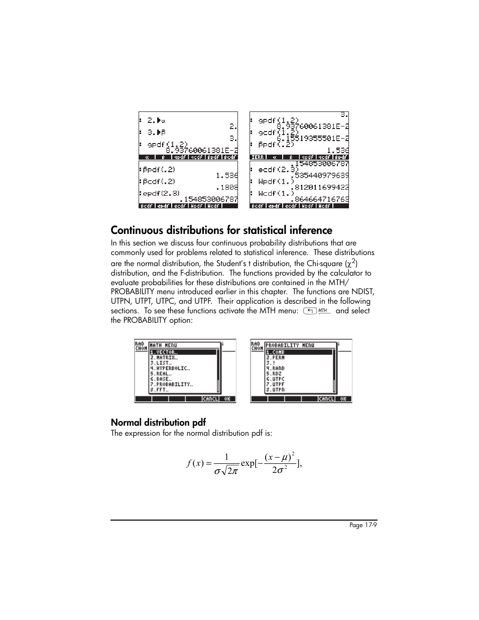 Continuous distributions for statistical inference, Normal distribution pdf, Normal distribution pdf ,17-9 | HP 50g Graphing Calculator User Manual | Page 558 / 887